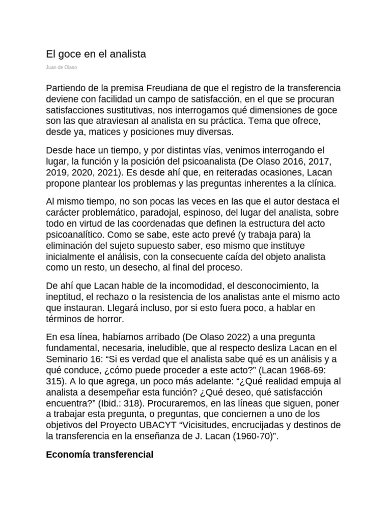 Dimensiones del goce en el analista | PDF | Psicoanálisis | Jacques Lacan