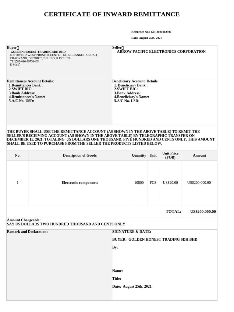 Inward Remittance Certificate Sample | PDF