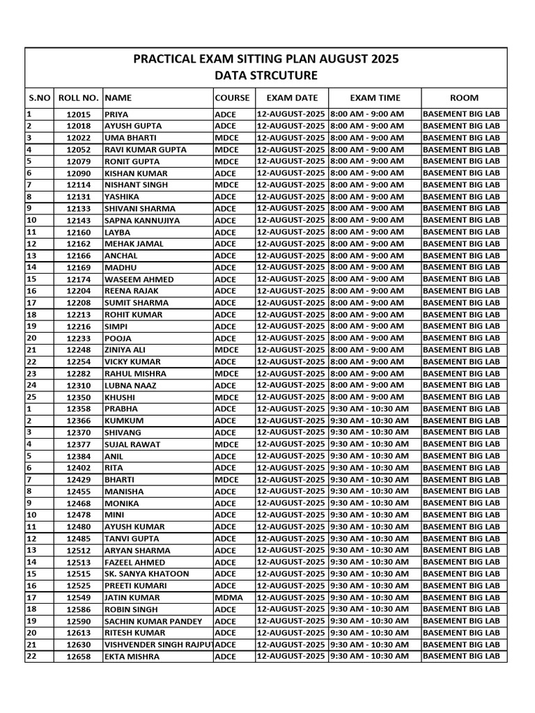 August 2025 Practical Exam Schedule | PDF
