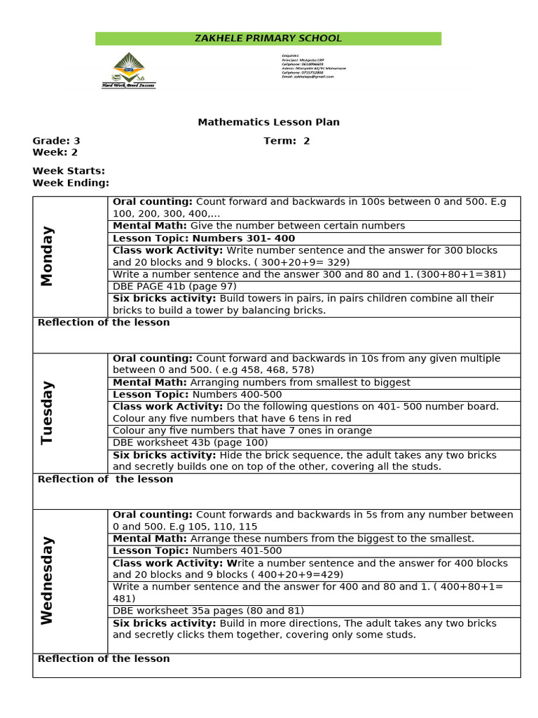 Grade 3 Math Lesson Plan: Week 2 | PDF | Mathematics