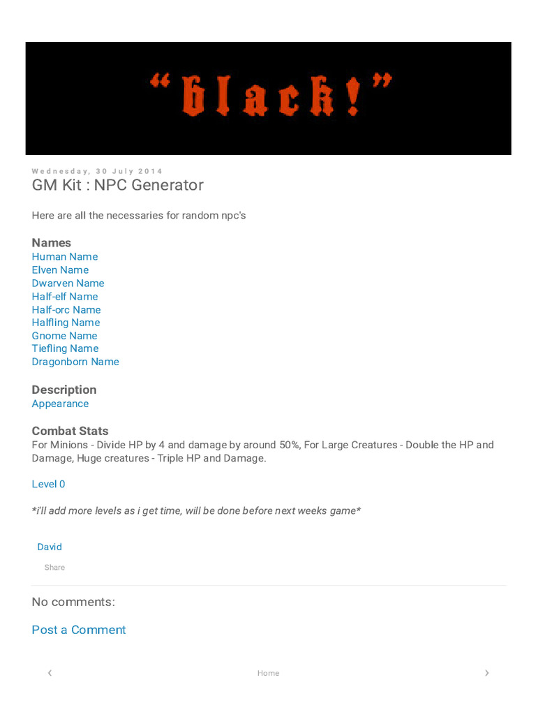 NPC Generator for RPG Games | PDF