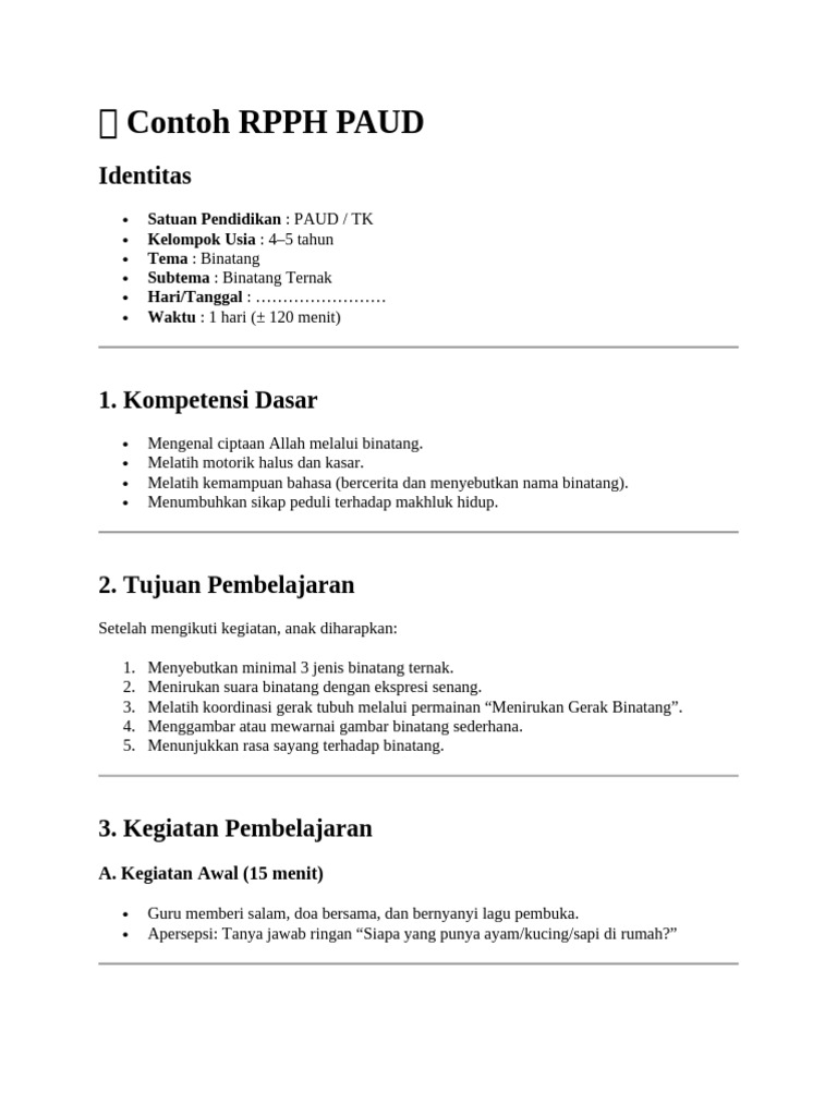 ? Contoh RPPH PAUD | PDF