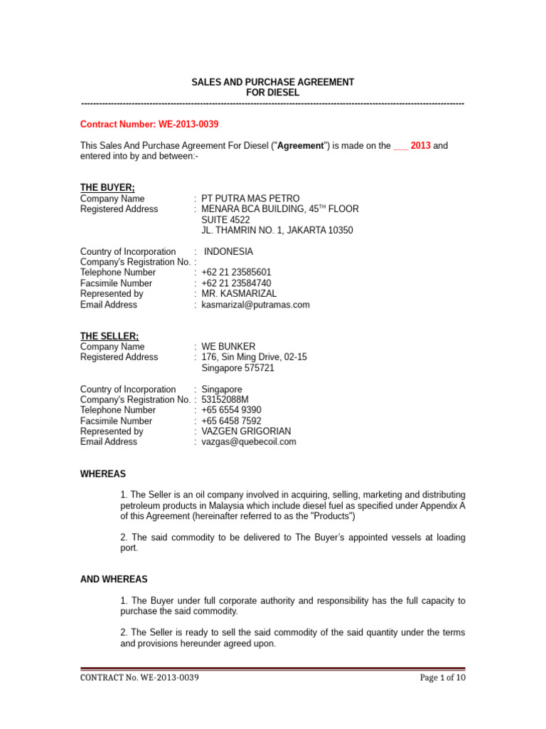 Diesel Sales and Purchase Agreement | PDF | Letter Of Credit | Arbitration