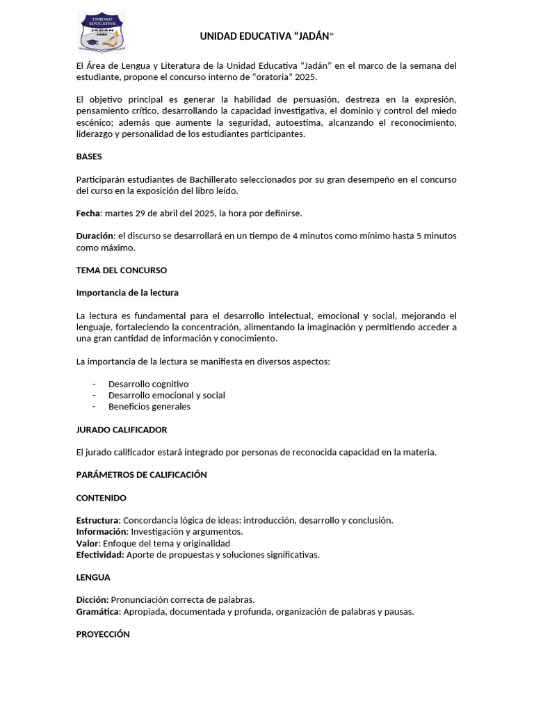 Concurso de Oratoria 2025 en Jadán | PDF | Hablar en público | Las ...