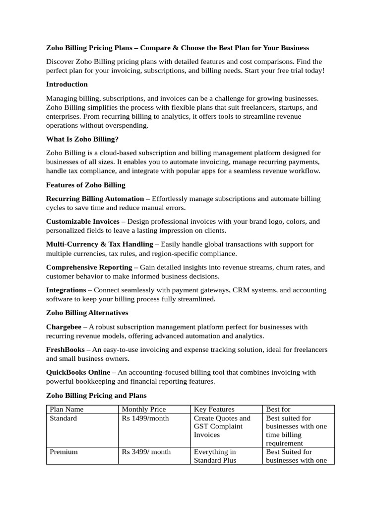 Zoho Billing Pricing Plans Overview | PDF | Quick Books | Subscription ...