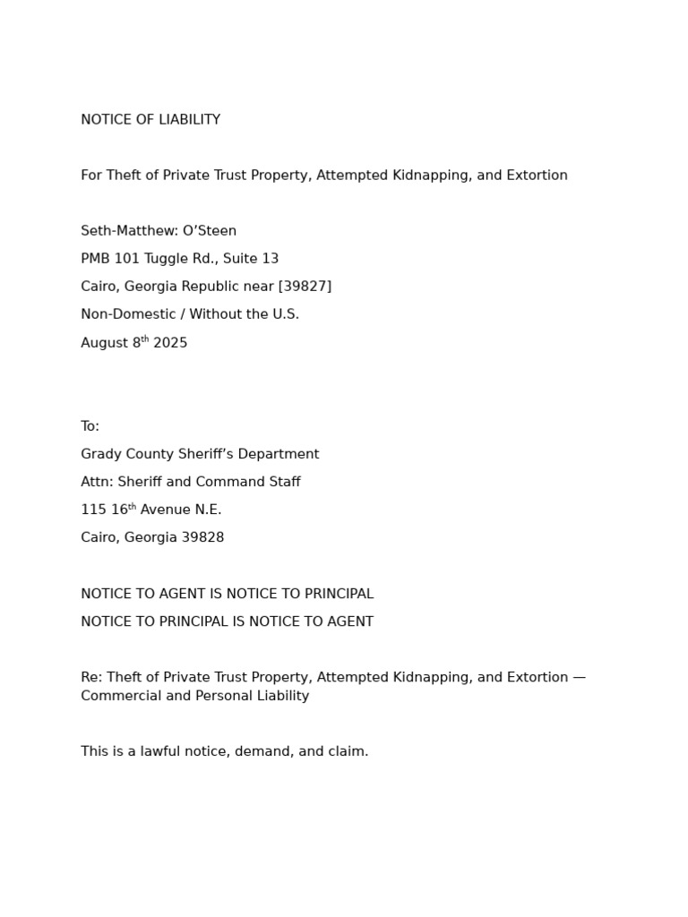 Liability Notice to Grady County Sheriff | PDF | Title 18 Of The United ...
