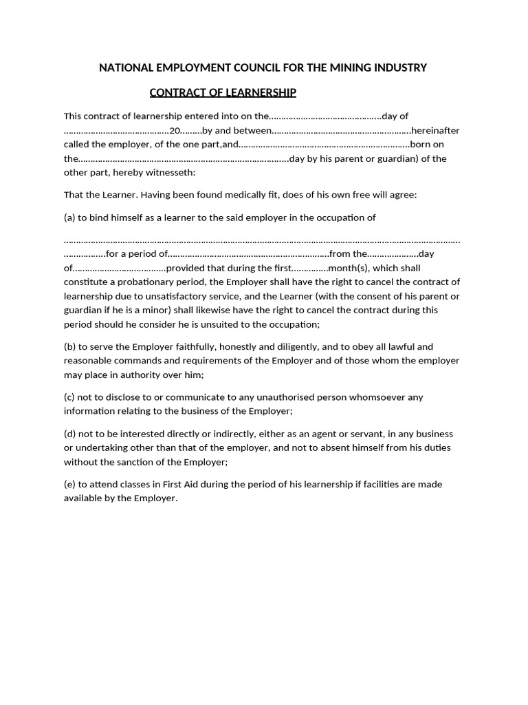 Learnership Contract Template | PDF | Employment | Business Law