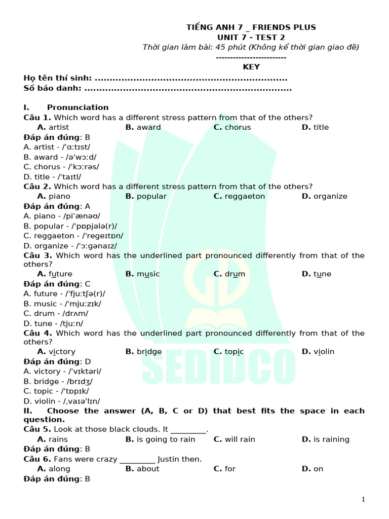 English 7 Unit 7 Test 2 Answers | PDF | Performing Arts | Entertainment