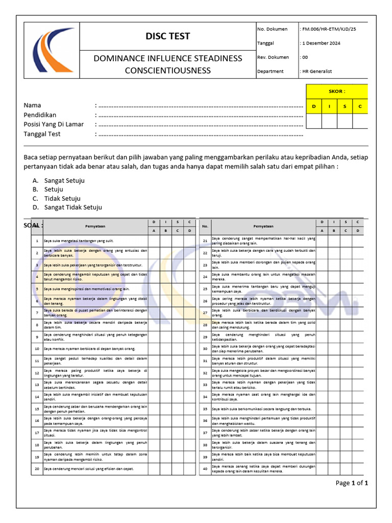 Lembar Tes DISC untuk HR | PDF