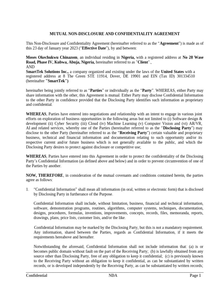 Mutual NDA Agreement Template | PDF | Non Disclosure Agreement ...