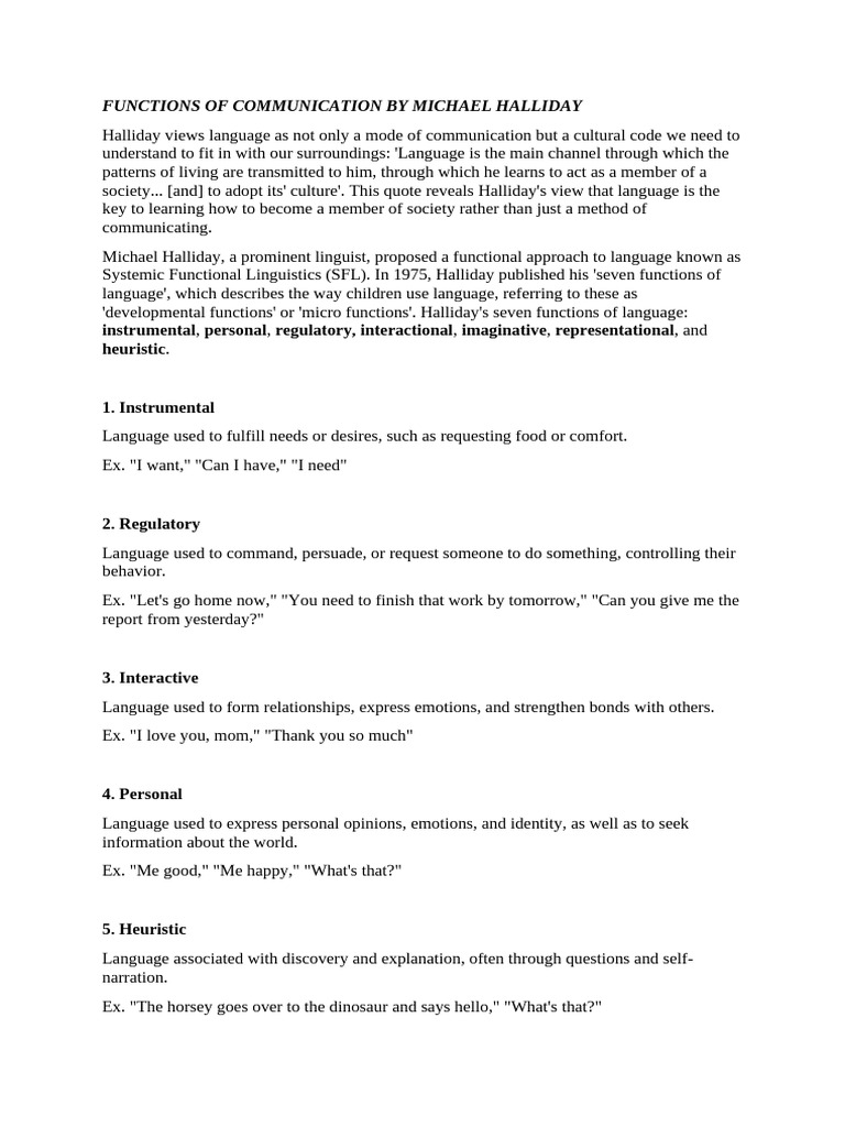 Halliday's Seven Functions of Language | PDF | Communication | Learning