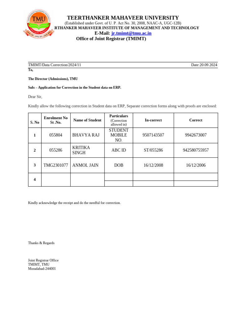 TMU Student Data Correction Requests | PDF