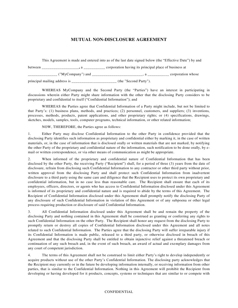 Mutual Nda Template  PDF  Non Disclosure Agreement  Confidentiality Throughout mutual confidentiality agreement template