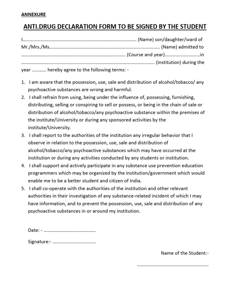 Student Anti-Drug Declaration Form | PDF