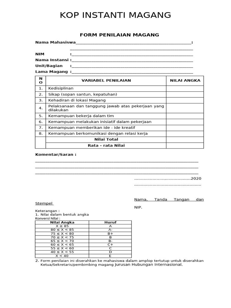Form Penilaian Magang Mahasiswa | PDF
