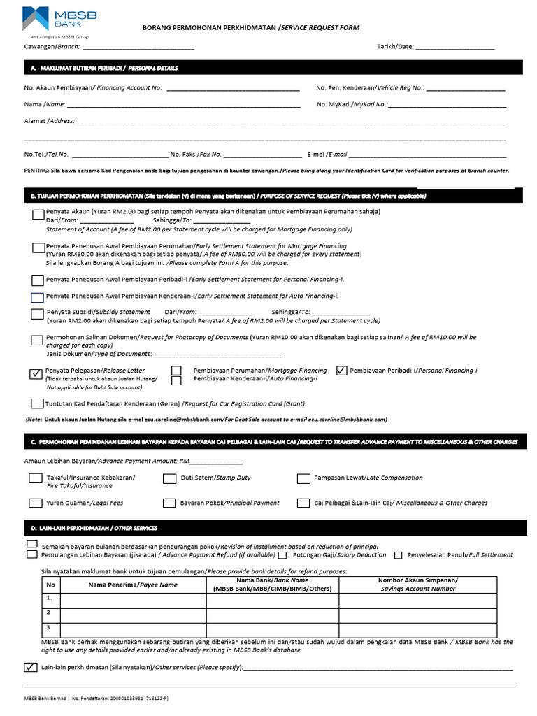 Borang Permohonan Perkhidmatan MBSB | PDF