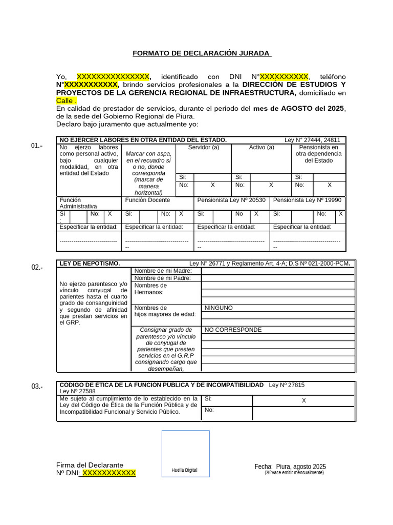 Declaración Jurada de Servicios 2025 | PDF | Parentesco