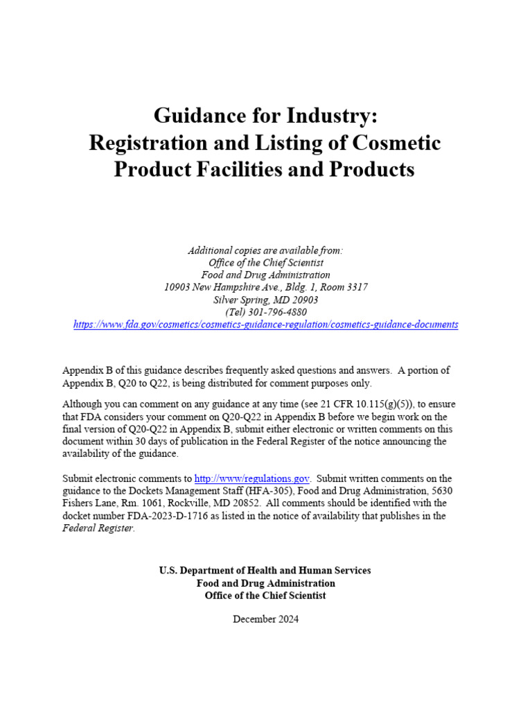 FDA Guidance on Cosmetic Facility Registration | PDF | Food And Drug ...