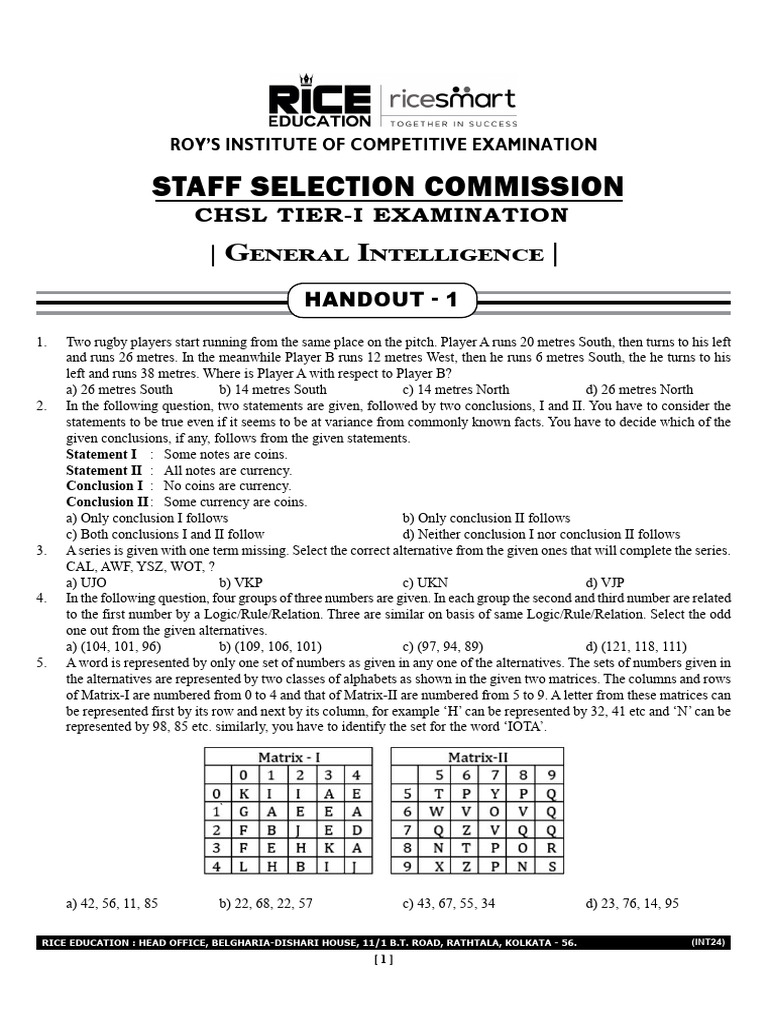 CHSL Tier-I General Intelligence Questions | PDF