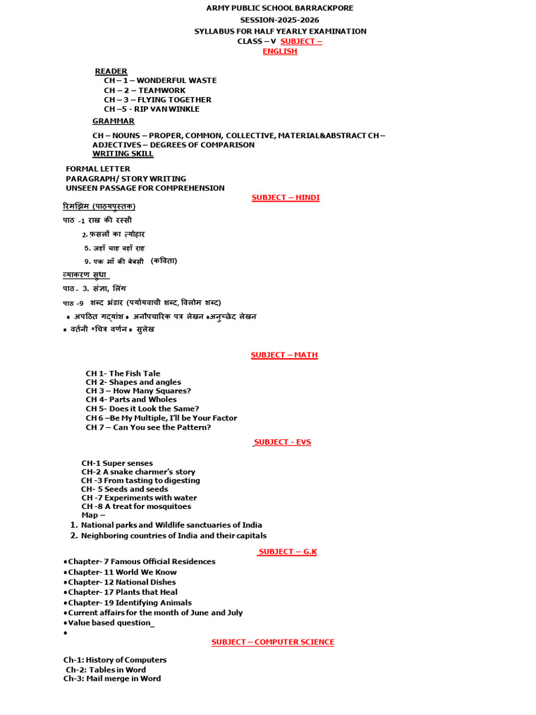 Class 5 Half Yearly Syllabus 2025 | PDF