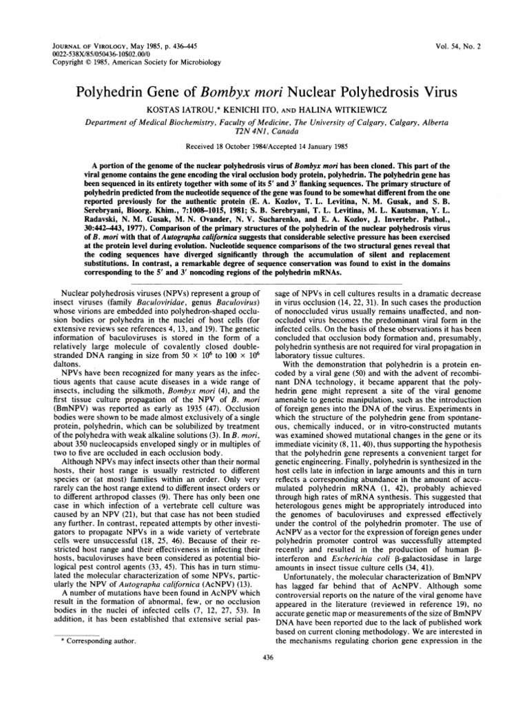 Polyhedrin Gene of Bombyx Mori Nuclear Polyhedrosis Virus | PDF | Dna ...