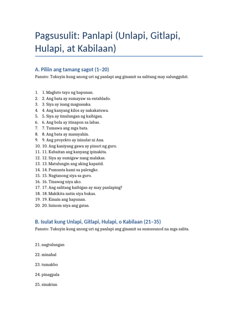Pagsusulit Unlapi Gitlapi Hulapi Kabilaan | PDF