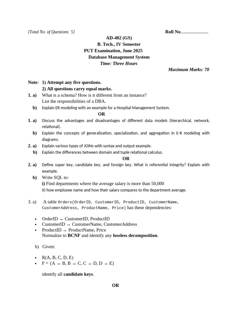 B. Tech Database Management Exam Questions | PDF | Databases ...