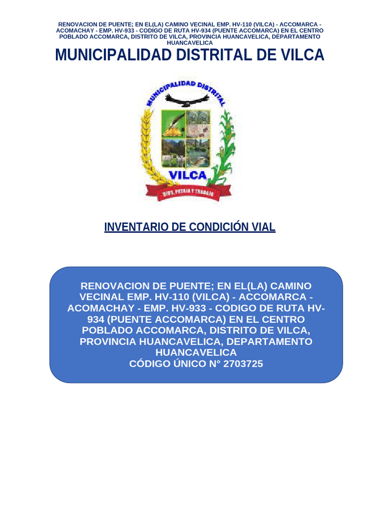 Municipalidad Distrital de Vilca Inventario Vial | PDF | Transporte ...