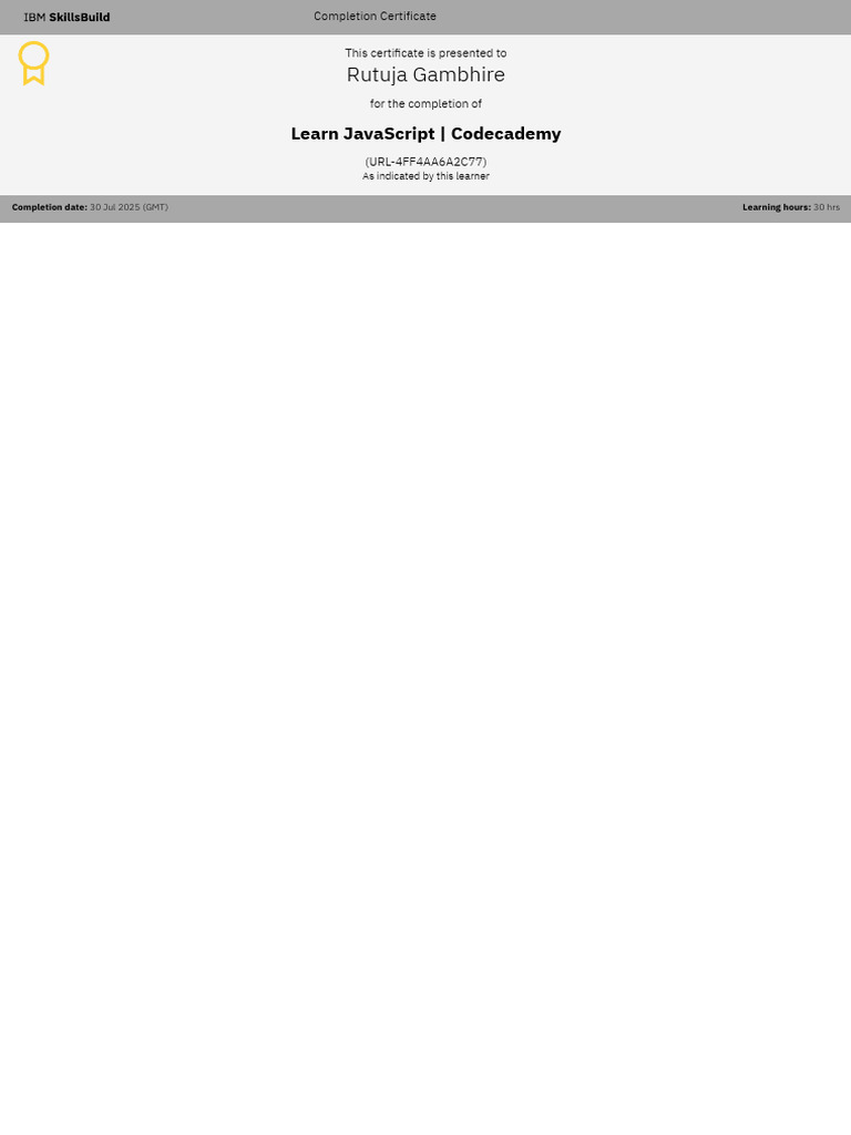 JavaScript Completion Certificate - Rutuja Gambhire | PDF
