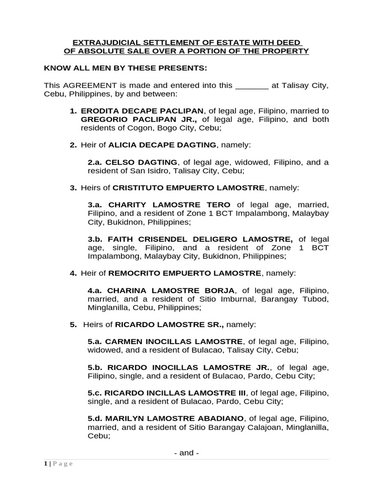 Extrajudicial Partition With Sale - Heirs of Esperanza Lamostre and ...
