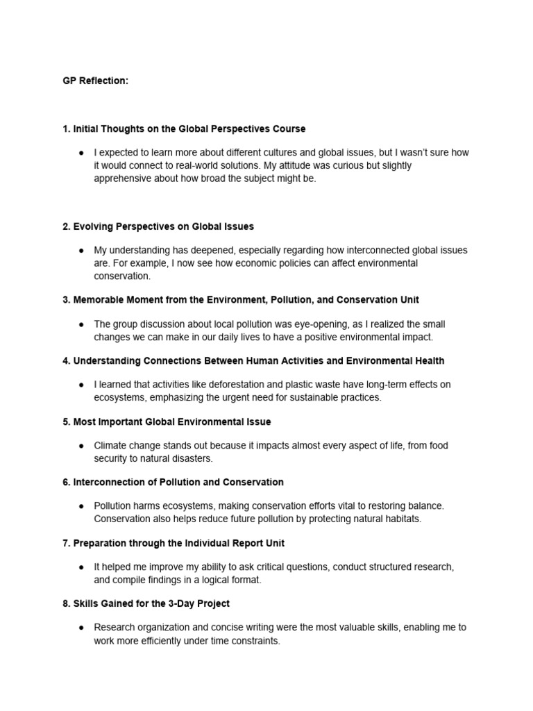 Global Perspectives Course Reflection | PDF | Conservation Biology ...