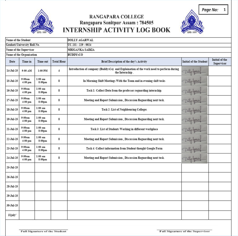 Internship Activity Log for BuddysCo | PDF
