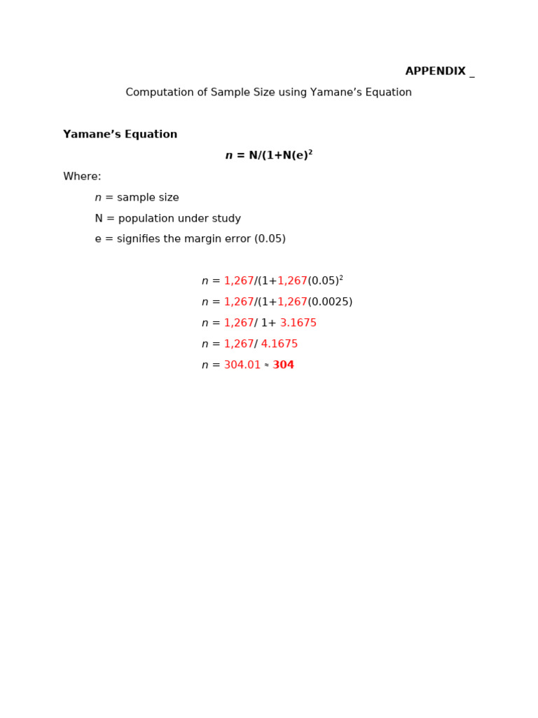 Sample Size Calculation Using Yamane's Formula | PDF