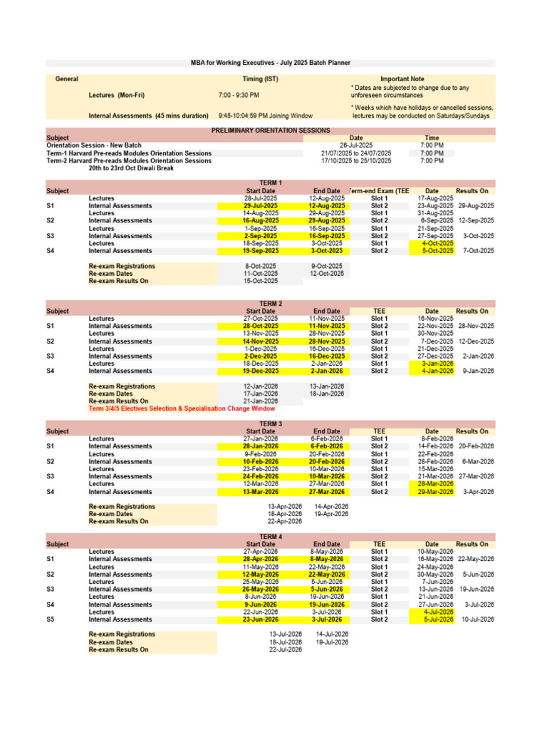 MBA Schedule and Assessment Dates 2025-2026 | PDF