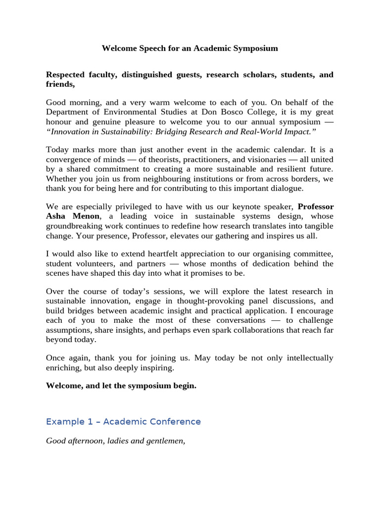 Welcome Speech for Academic Symposium | PDF