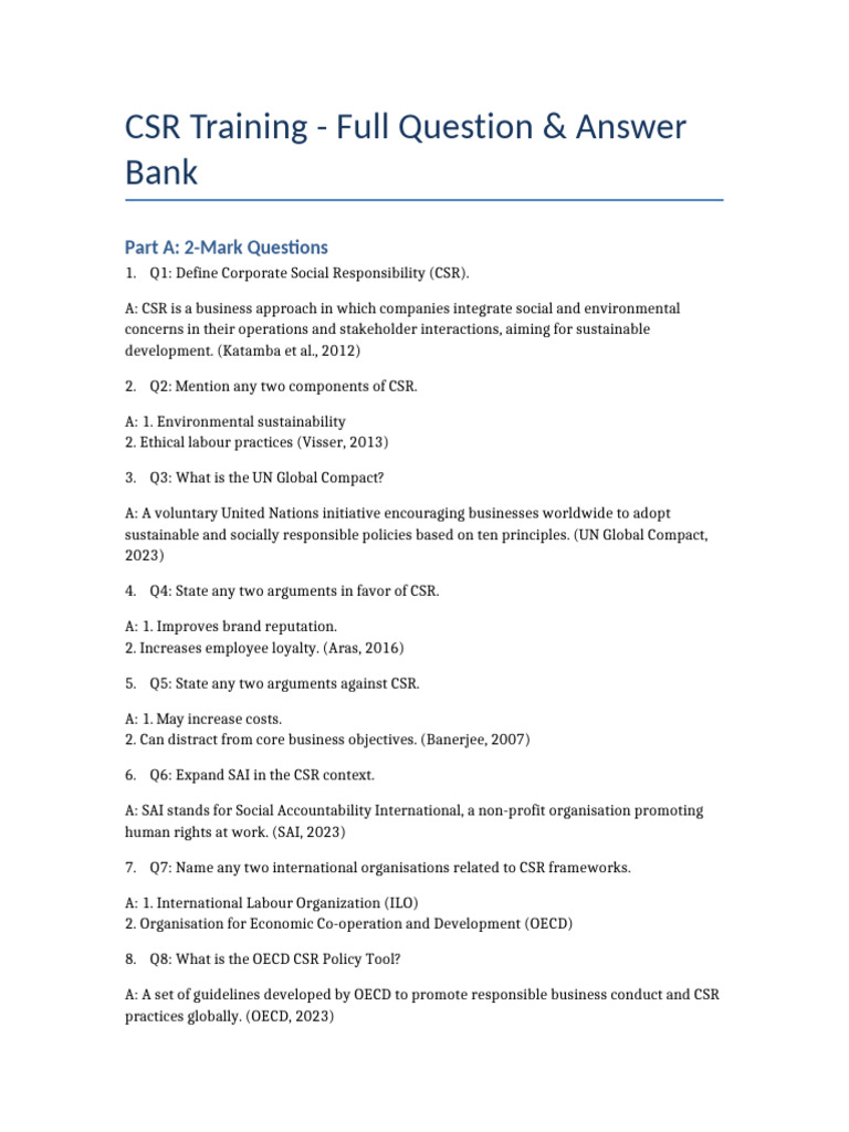CSR Training Q&A: Key Concepts & Practices | PDF | Corporate Social ...