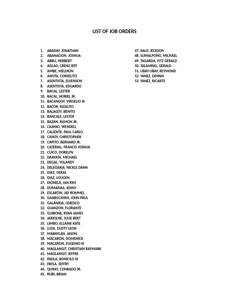 Job Orders List for Candidates | PDF