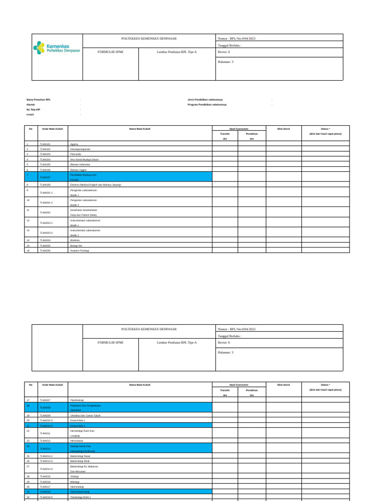 Formulir Penilaian RPL Tipe A Poltekkes | PDF