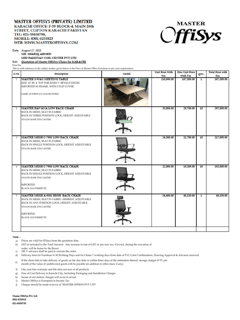 Master OffiSys Chairs Quotation Karachi | PDF | Taxes | Chair