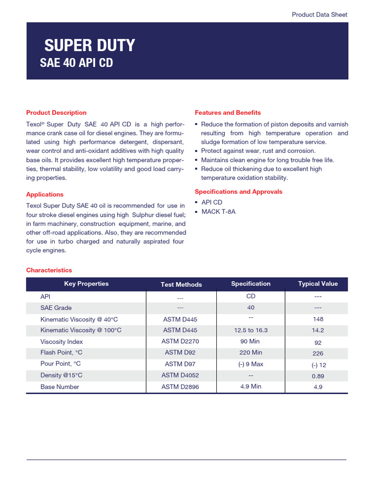 Texol Super Duty SAE 40 API CD Oil | PDF | Diesel Engine | Materials