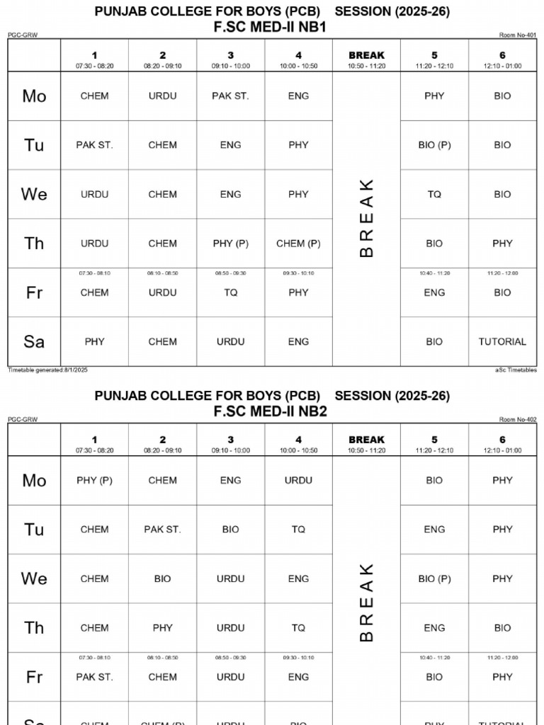 FSC TimeTable | PDF