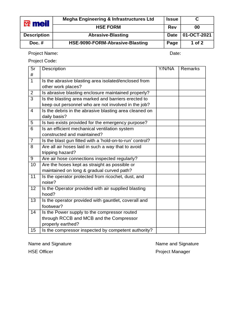 Abrasive Blasting Safety Checklist | PDF