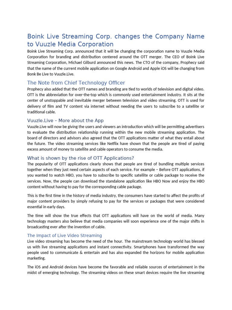 Boink Live Streaming Rebrands to Vuuzle Media | PDF | Video On Demand ...