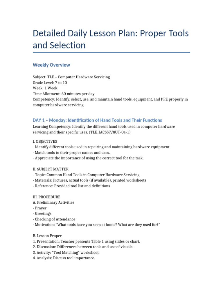 Proper Tools and Selection Lesson Plan With Competencies | PDF ...