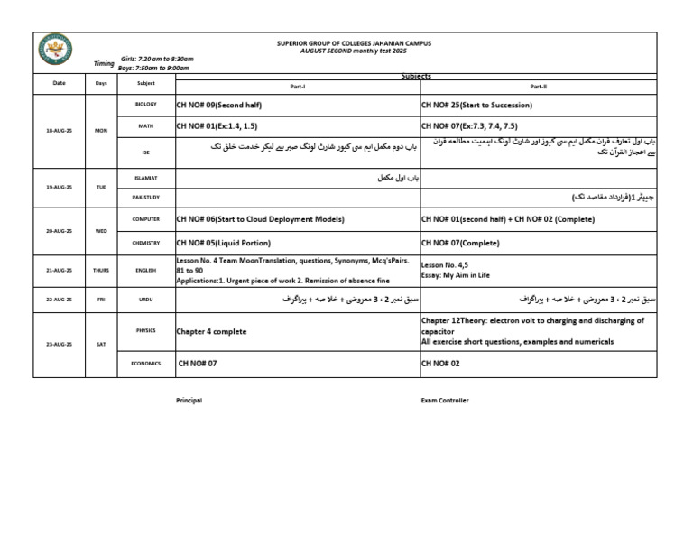 August 2025 Monthly Test Schedule | PDF | Qualifications | Tests