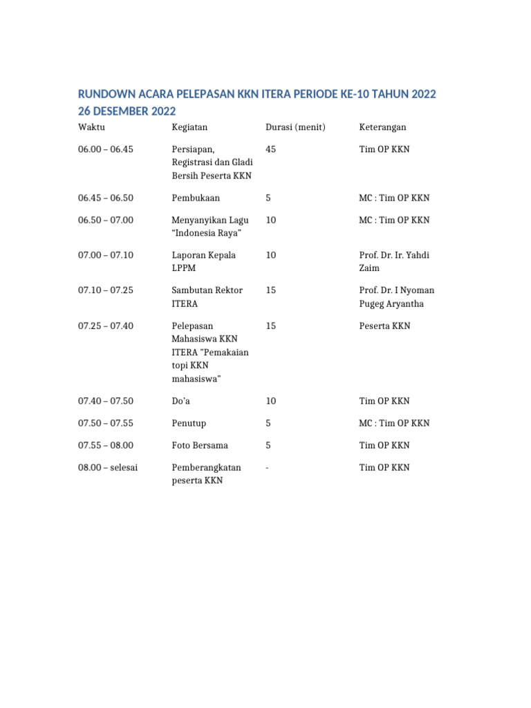 Rundown Acara Pelepasan KKN ITERA 2022 | PDF