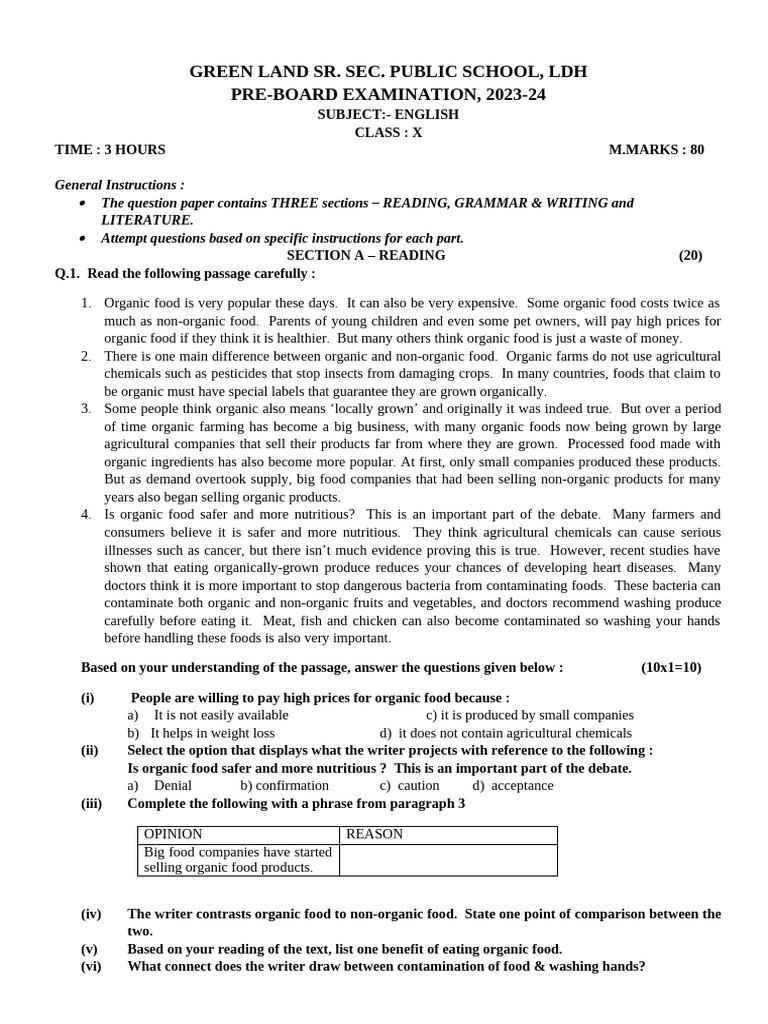 Class X English Pre-Board Exam 2023-24 | PDF | Organic Foods | Water ...