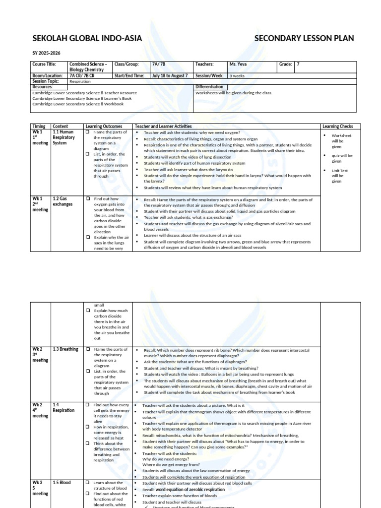 Secondary Science Lesson Plan: Respiration | PDF | Breathing ...