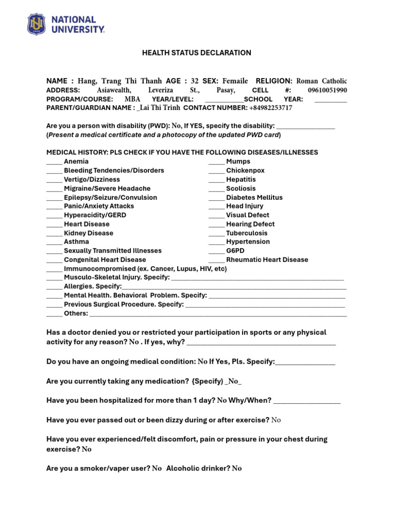1745805575-NU MNL - Health Status Declaration Hang Trang | PDF ...