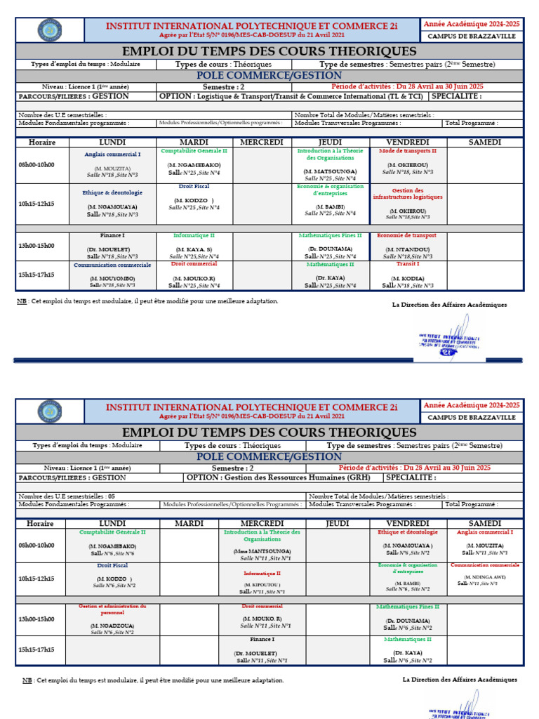Emploi du Temps Licence 1 - 2ème Semestre | PDF | Économie d'entreprise ...